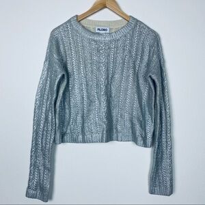 FILORO Metallic Silver Cable Knit Cropped Sweater Cashmere Wool Blend Cozy Chic